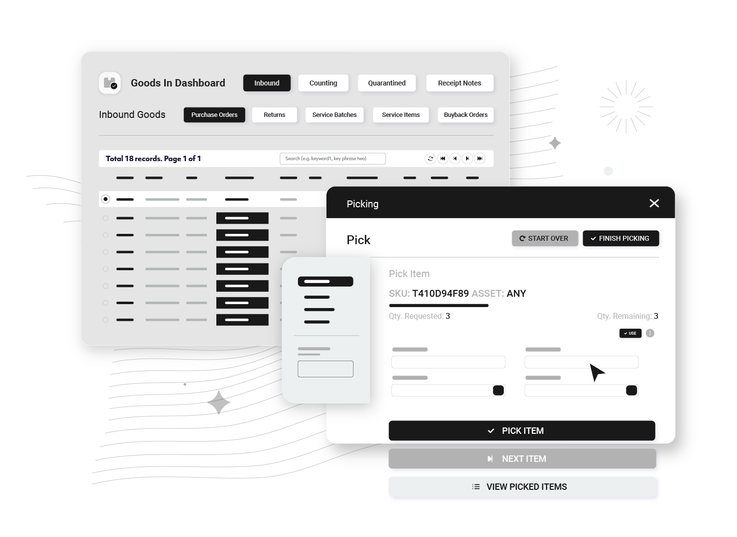 A grayscale digital interface displaying a warehouse inventory management system with sections for inbound goods, purchase orders, and item picking, including buttons for start over, finish picking, and view picked items.