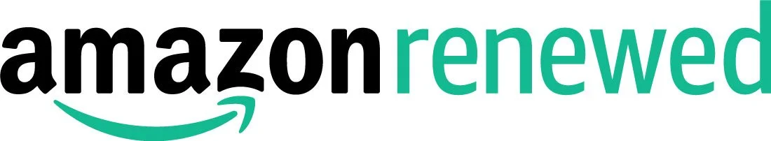 Amazon Renewed logo with black and teal text and a teal arrow underneath.
