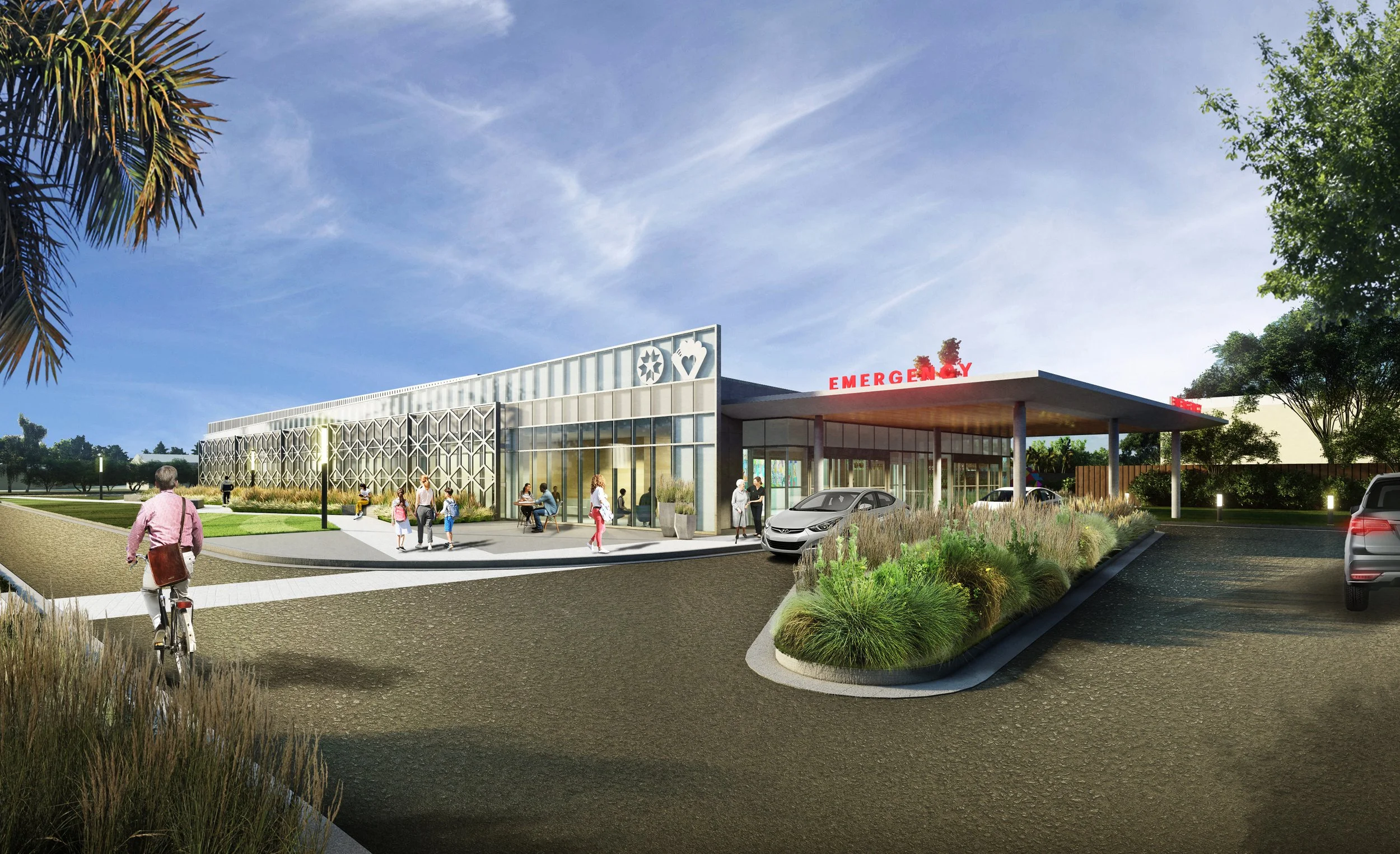 An illustration of a modern hospital emergency entrance with people walking and cars parked, featuring a landscaped area with greenery and a clear blue sky.