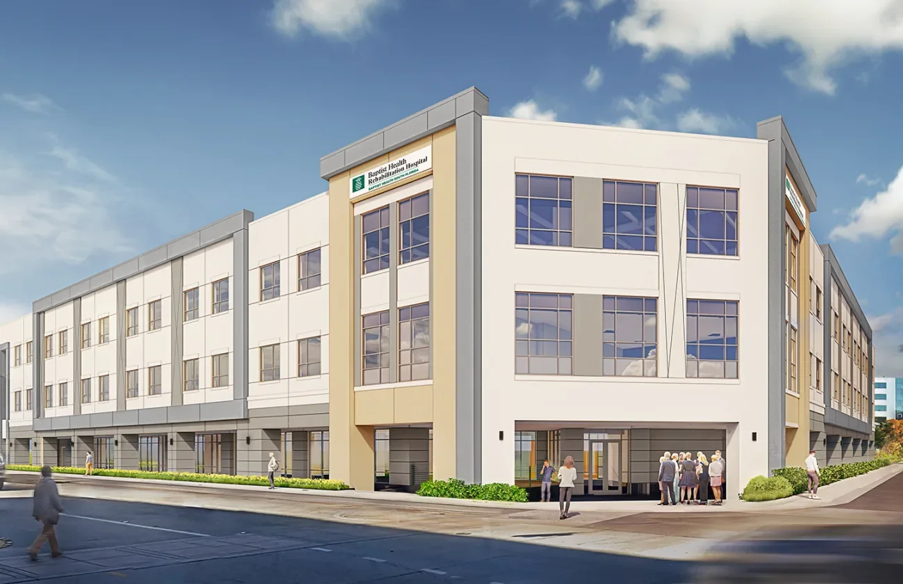 Rendering of Baptist Health Rehabilitation Hospital building with people walking outside on a sunny day