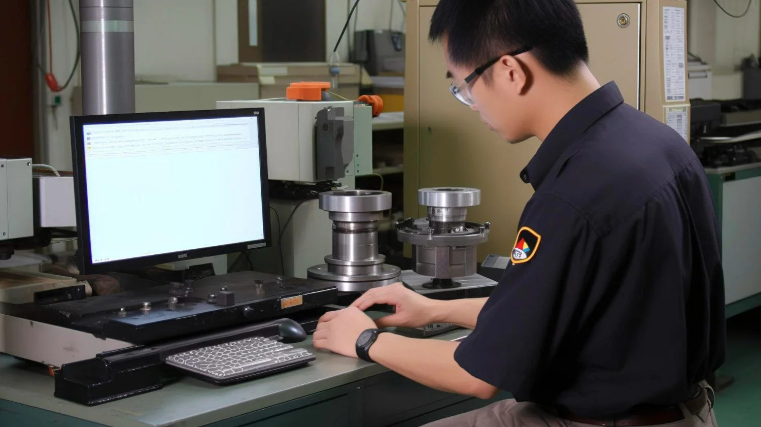 工場の作業場でコンピューターを操作する