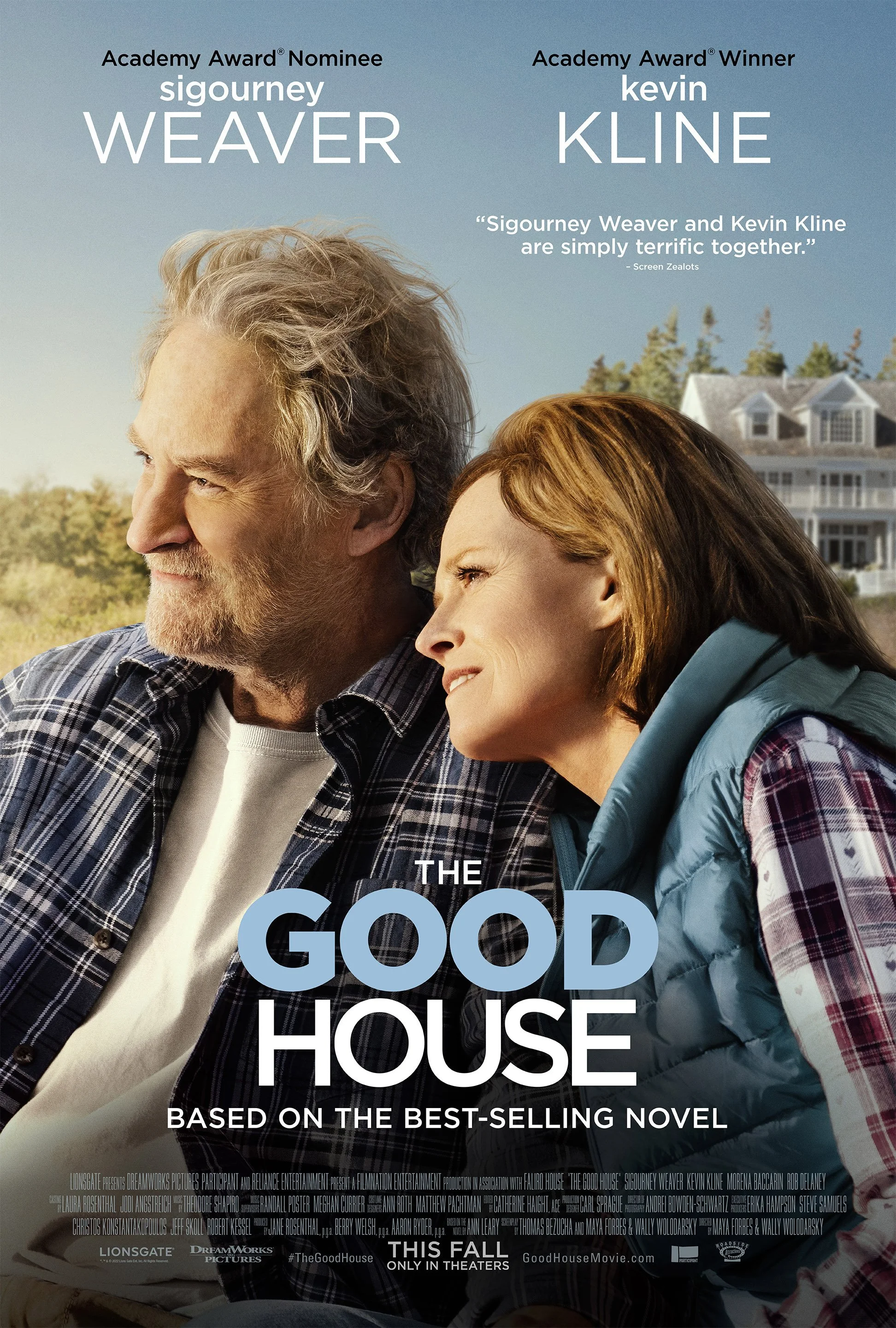 Movie poster for "The Good House" featuring Sigourney Weaver and Kevin Kline close-up, smiling and looking at each other outdoors, with a house and trees in the background.