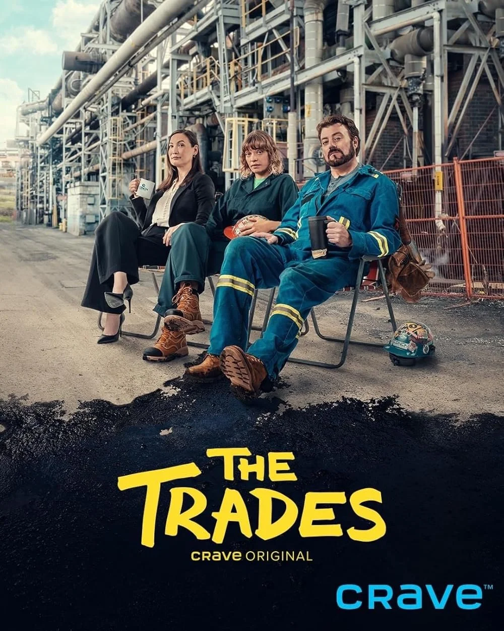 Three people sitting in chairs outside an industrial plant, holding coffee cups, with the title 'The Trades' and logos for Crave Original and Crave at the bottom.
