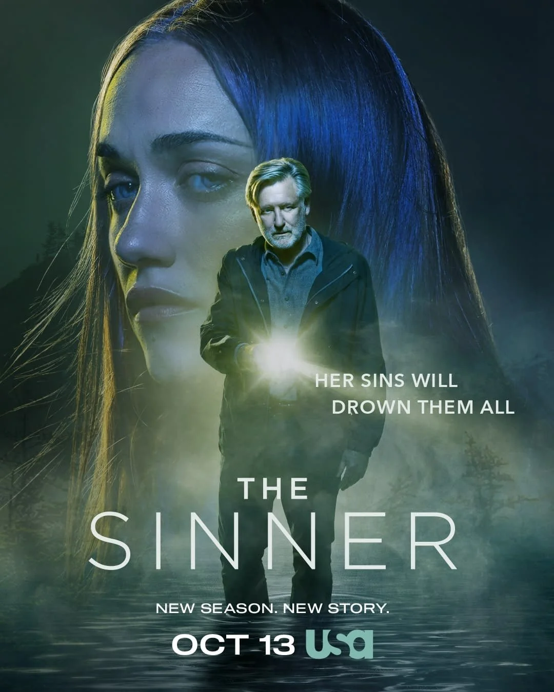 Promotional poster for the TV series 'The Sinner' featuring a large woman's face in the background with intense blue and green lighting and a man holding a flashlight in the foreground, set against a dark, foggy outdoor scene with trees, with text indicating a new season premiering October 13 on USA Network.