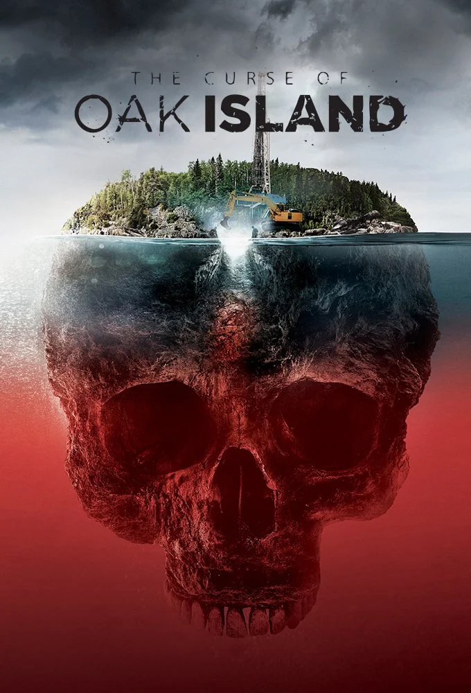 A large skull embedded in the ocean floor with the top half showing an island and construction equipment. The image suggests a dark, ominous theme for the movie "The Curse of Oak Island".
