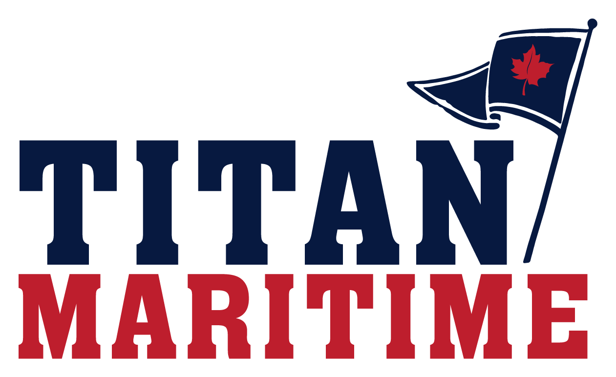 The logo for Titan Maritime featuring a red maple leaf on a blue flag, with the words "TITAN" in dark blue and "MARITIME" in red, arranged with "TITAN" above "MARITIME".
