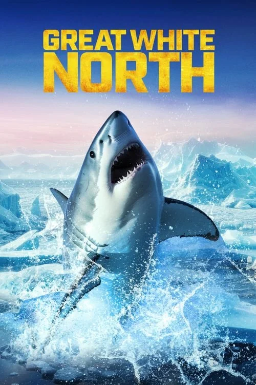 A great white shark emerging from icy water with icebergs in the background, under a transition sky from pink to blue, with the text 'Great White North' in bold yellow letters at the top.