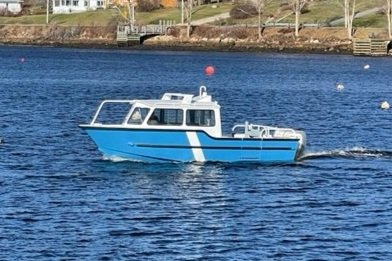 A white and blue motorboat on a body of water with buoys and a shoreline in the background.