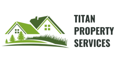 Logo for Titan Property Services featuring green houses and trees with black text.