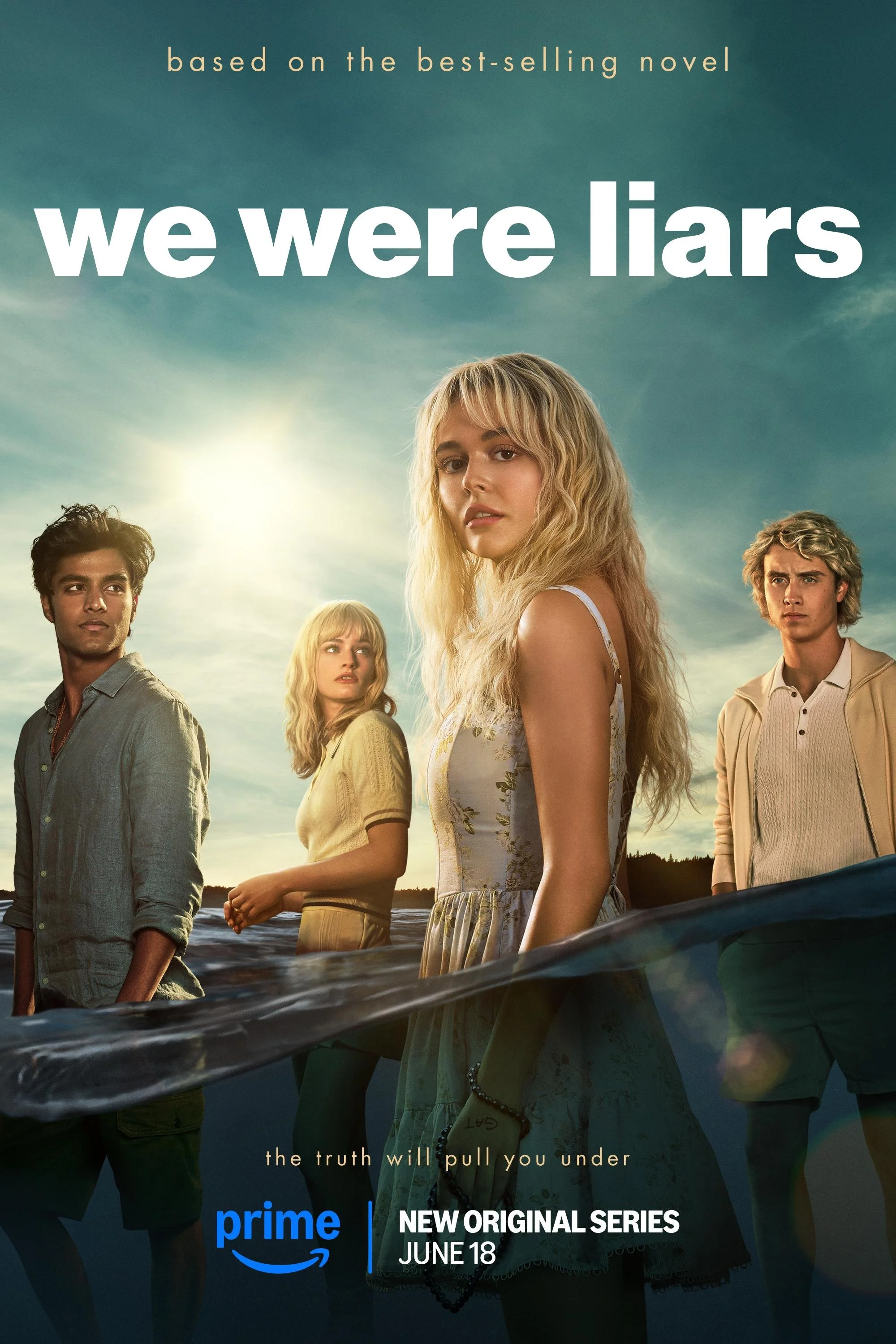 A promotional poster for the series "We Were Liars" showing four young adults standing in water during sunset or sunrise with a cloudy sky background. The title is prominently displayed at the top, with additional text indicating it is based on a best-selling novel and an upcoming series released on June 18 on Prime Video.