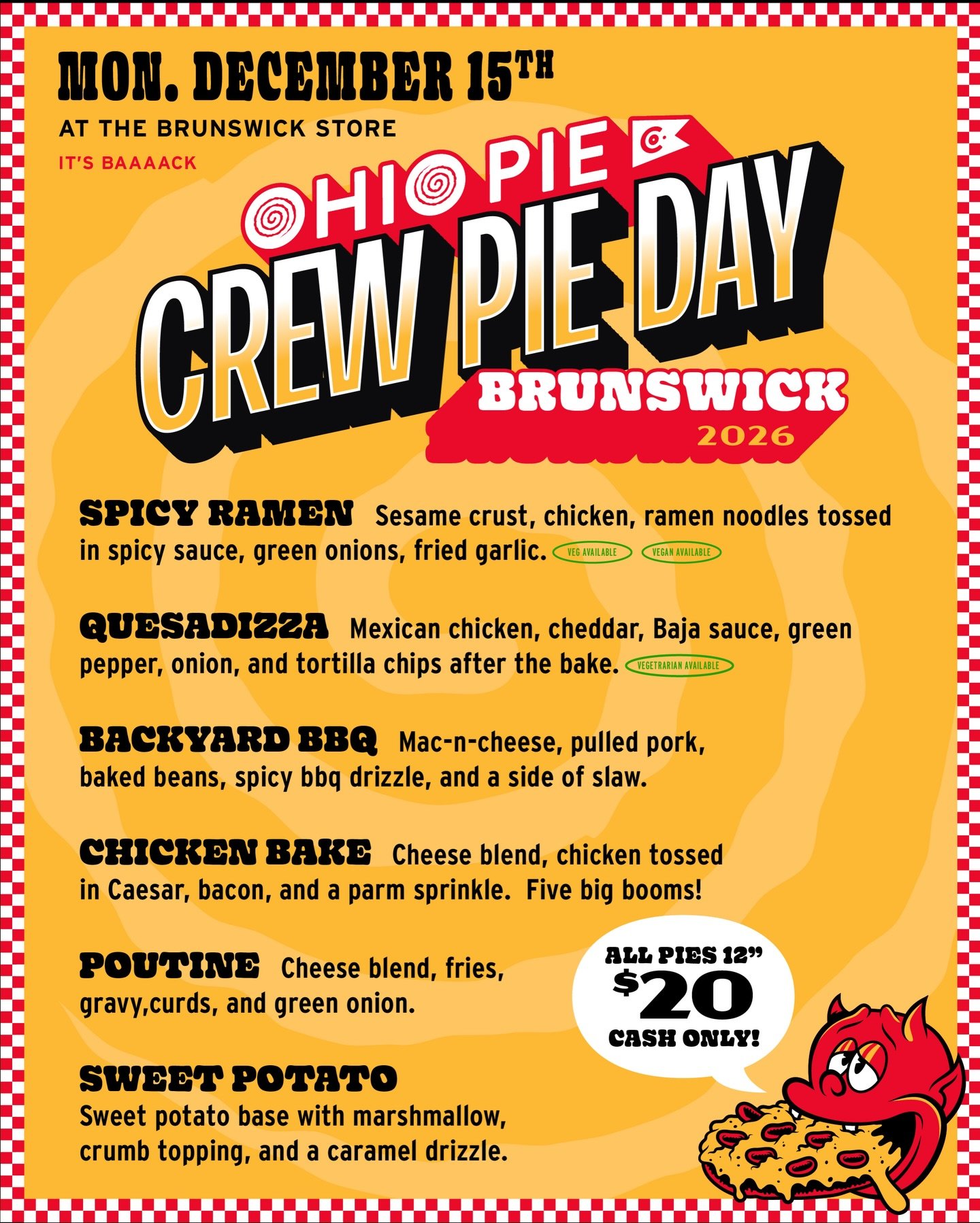 Another bad weather day today, so I figured everyone could use some good news. 

CREW PIE DAY this Monday the 15th in Brunswick!  5:00 - sellout.  CASH ONLY. $20 per pie.  Walk-in only until the line clears, then maybe we&rsquo;ll answer the phone (w