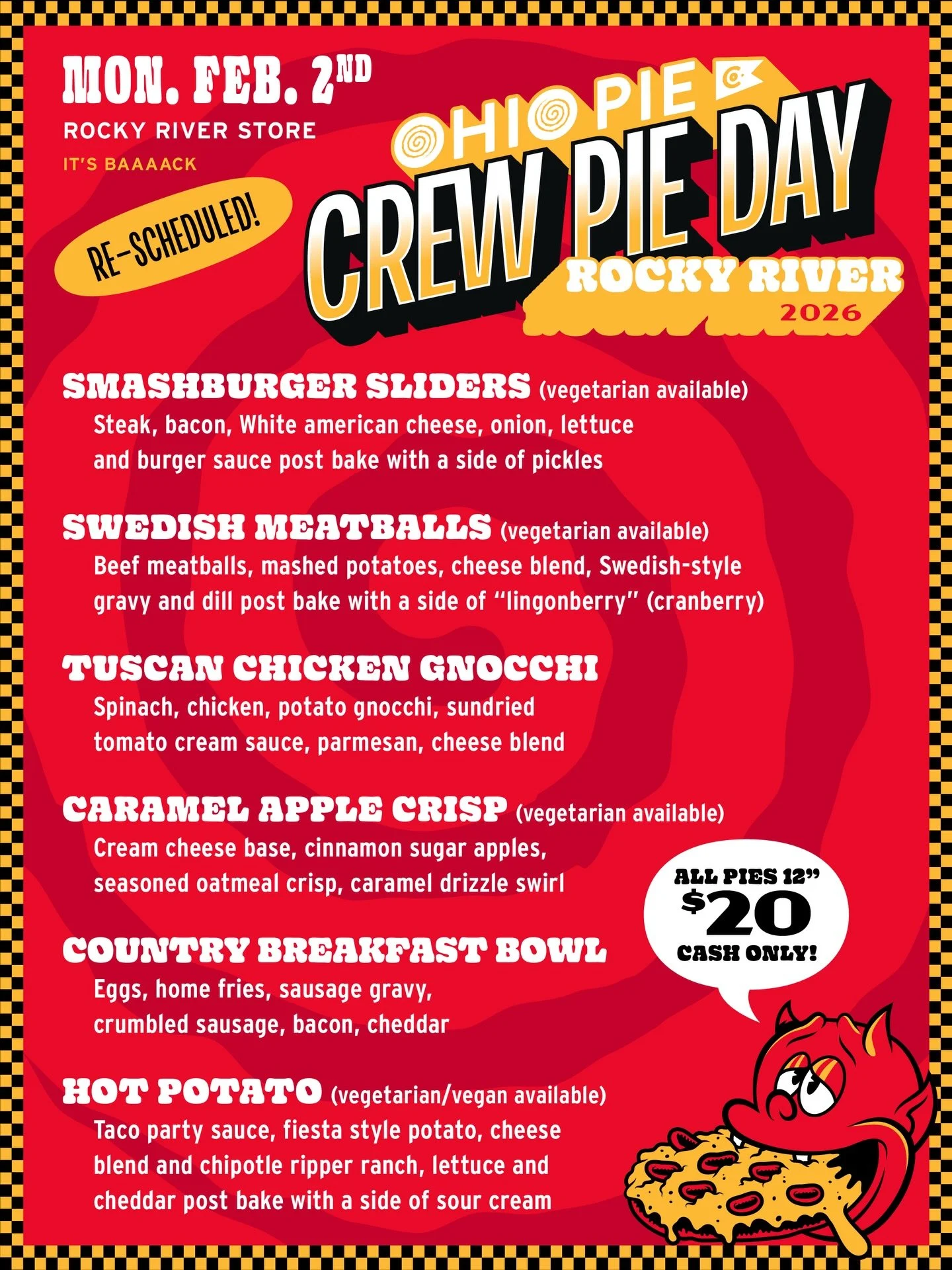 TODAY&rsquo;S THE DAY!  The first ever Rocky River Crew Pie Day!

Starts right at 5:00 and ends whenever we sell out (TBD how long). All pies are 12&rdquo;, $20, and CASH ONLY.  Walk-ins get priority - we&rsquo;ll only be able to answer the phone onc