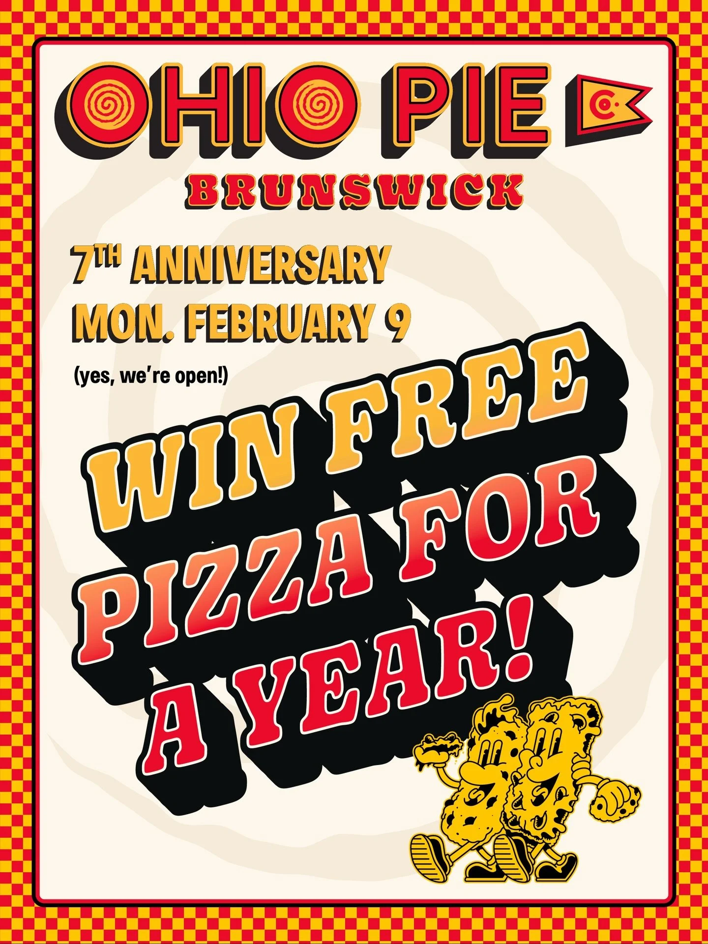Ok so the calendar fell a little goofy this year for National Pizza Day which is even more importantly our 7 year anniversary&hellip;

Monday February 9th Brunswick will be OPEN 11-10 running our yearly anniversary contest!  The contest will be runni