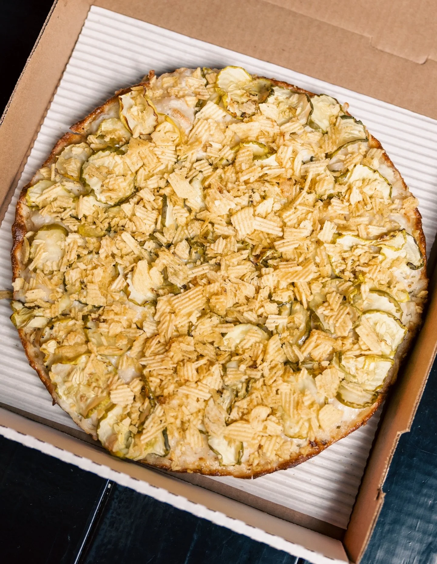Yes we have a Pickle Pizza, yes it has potato chips on it, yes it&rsquo;s available all the time, yes it&rsquo;s available vegan, and no it isn&rsquo;t on the menu (along with a few other fun secret menu pies&hellip;).

This was originally a special 