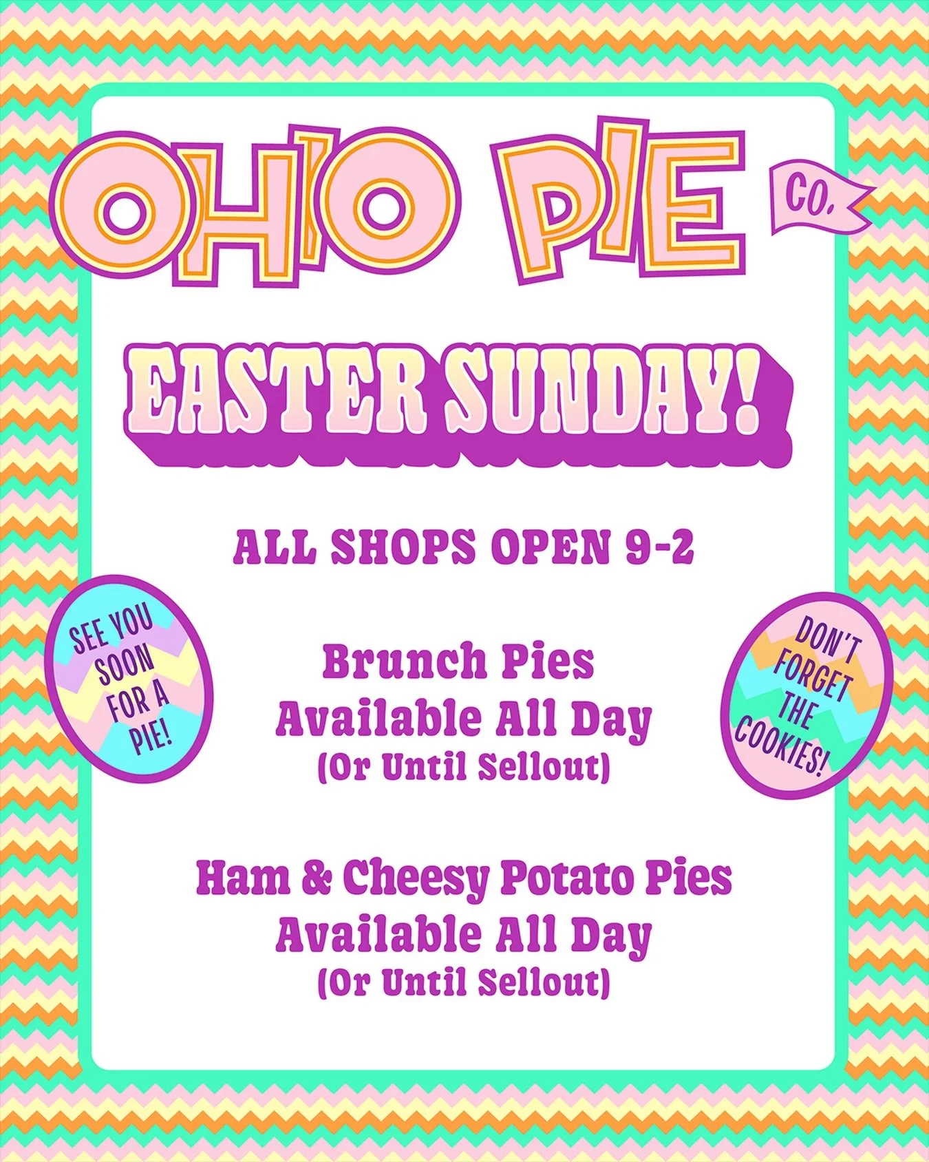Make all of your Easter plans accordingly.  Kyle (my dad) made about a million pounds of his cheesy potatoes to try to satisfy all of you lunatics.  Business as usual between now and Sunday.  We&rsquo;ll see you soon for a pie!