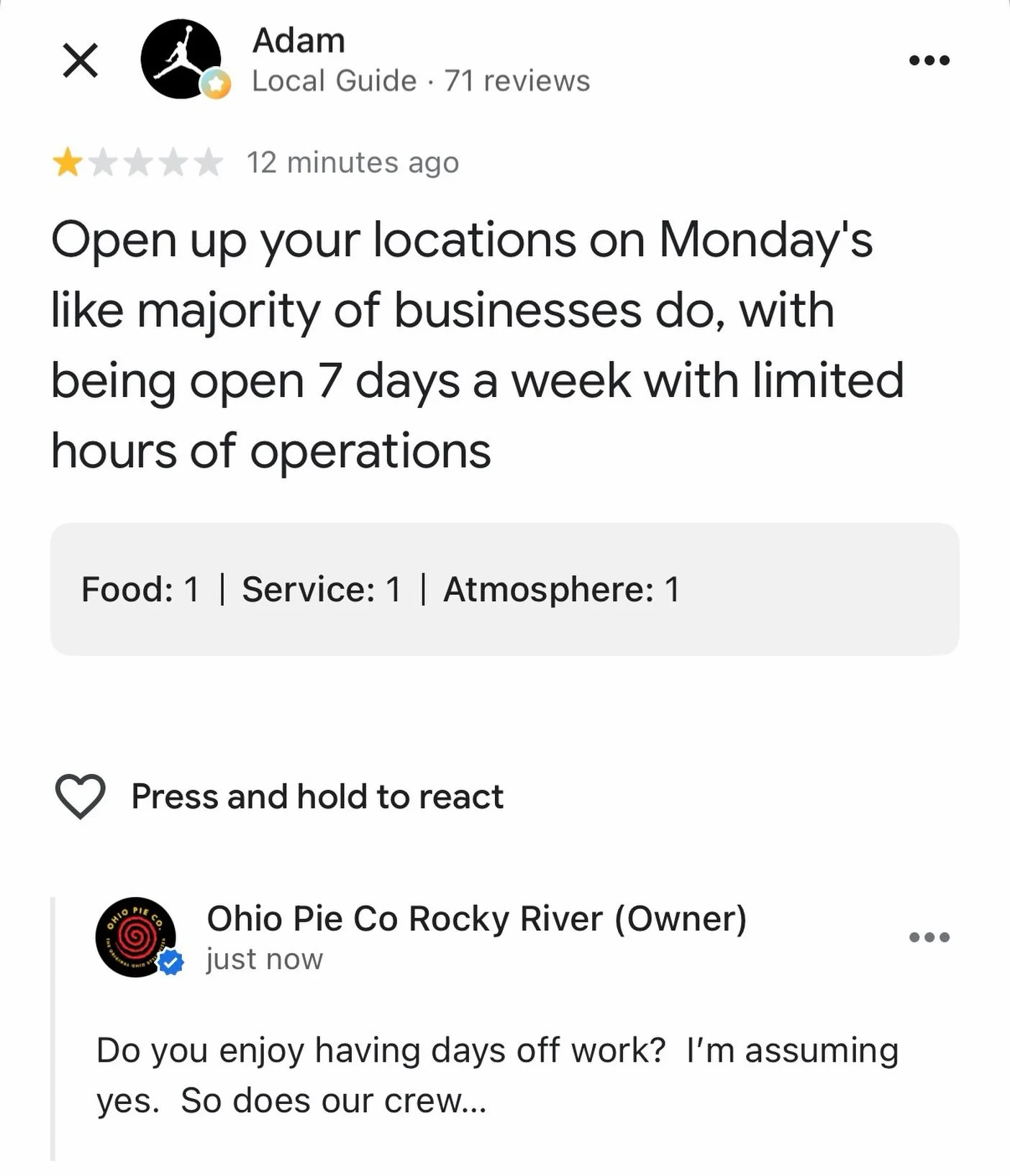 I was going to leave this as a simple story post, but after the wild amount of responses, figured it would make sense to bring a little more attention to just how dumb this era of review culture is.

When leaving a 1-star review, you&rsquo;re negativ