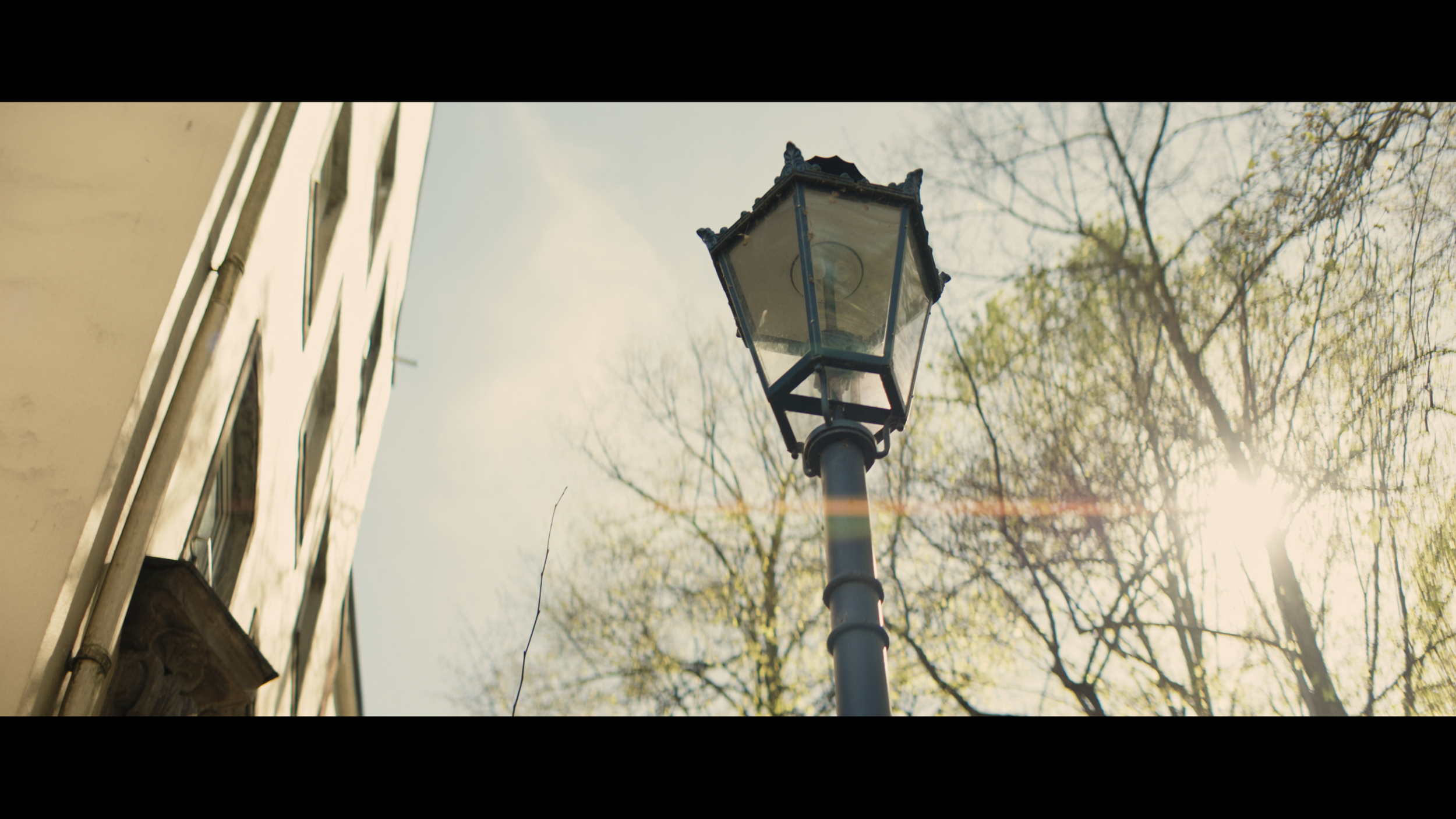 Anamorphes Bild einer Straßenlaterne mit horizontalem Lens Flare im Sonnenlicht mit Blazar Mantis 50mm Anamorphic Objektiv