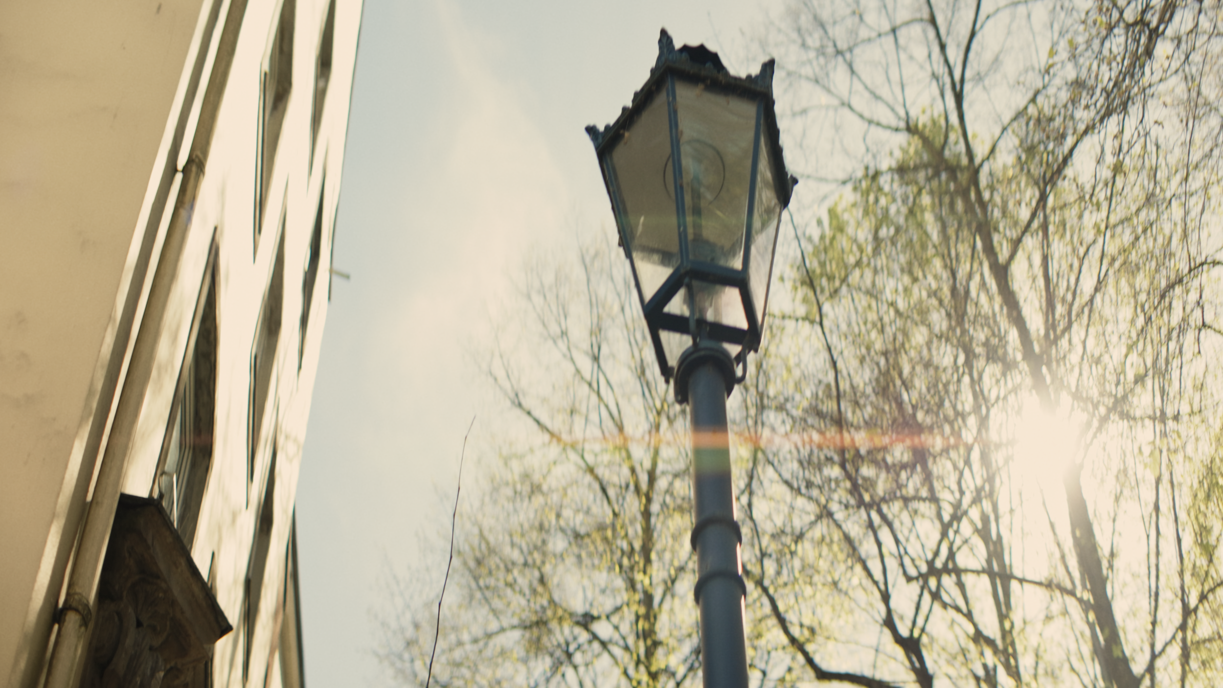 Anamorphes Bild einer Straßenlaterne mit horizontalem Lens Flare im Sonnenlicht