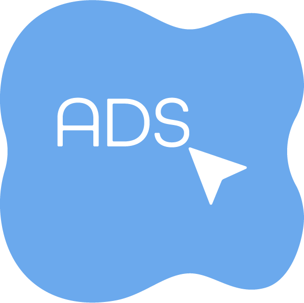Blue abstract shape with the text 'ADS' and a white cursor icon. Alia Seffar