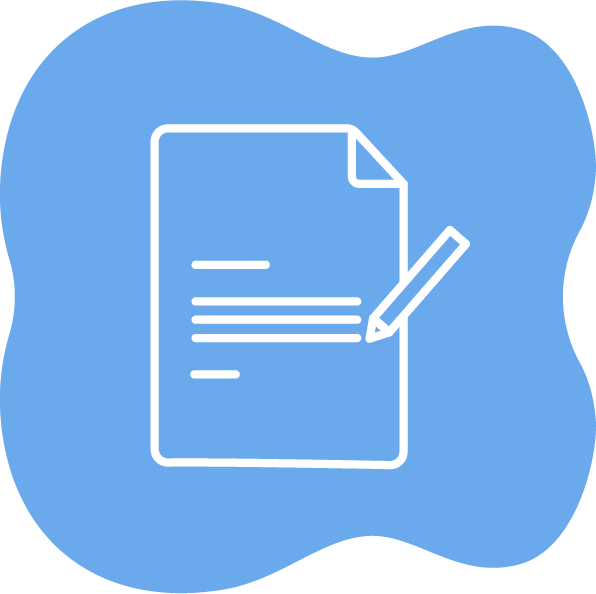 Icon of a document with lines of text and a pencil, on a blue irregular background. Alia Seffar