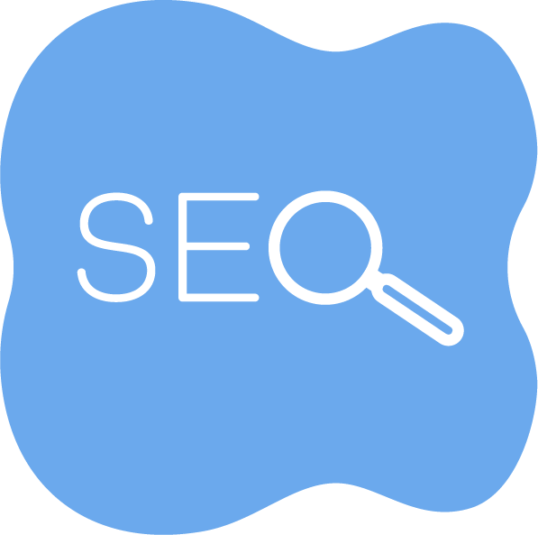 Blue abstract shape with the word 'SEO' and a magnifying glass icon. Alia Seffar