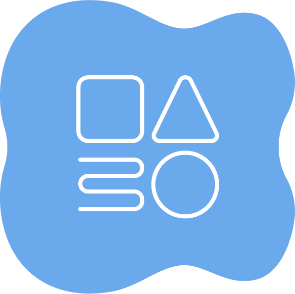 Icon of four geometric shapes: square, triangle, three horizontal lines, circle, on a blue irregular background. Alia Seffar