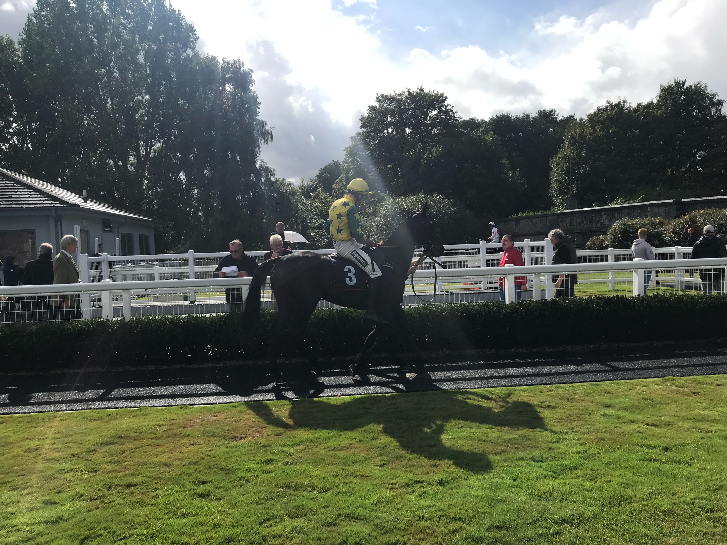 A jockey riding a black horse at a race track, with people and trees in the background under a partly cloudy sky.