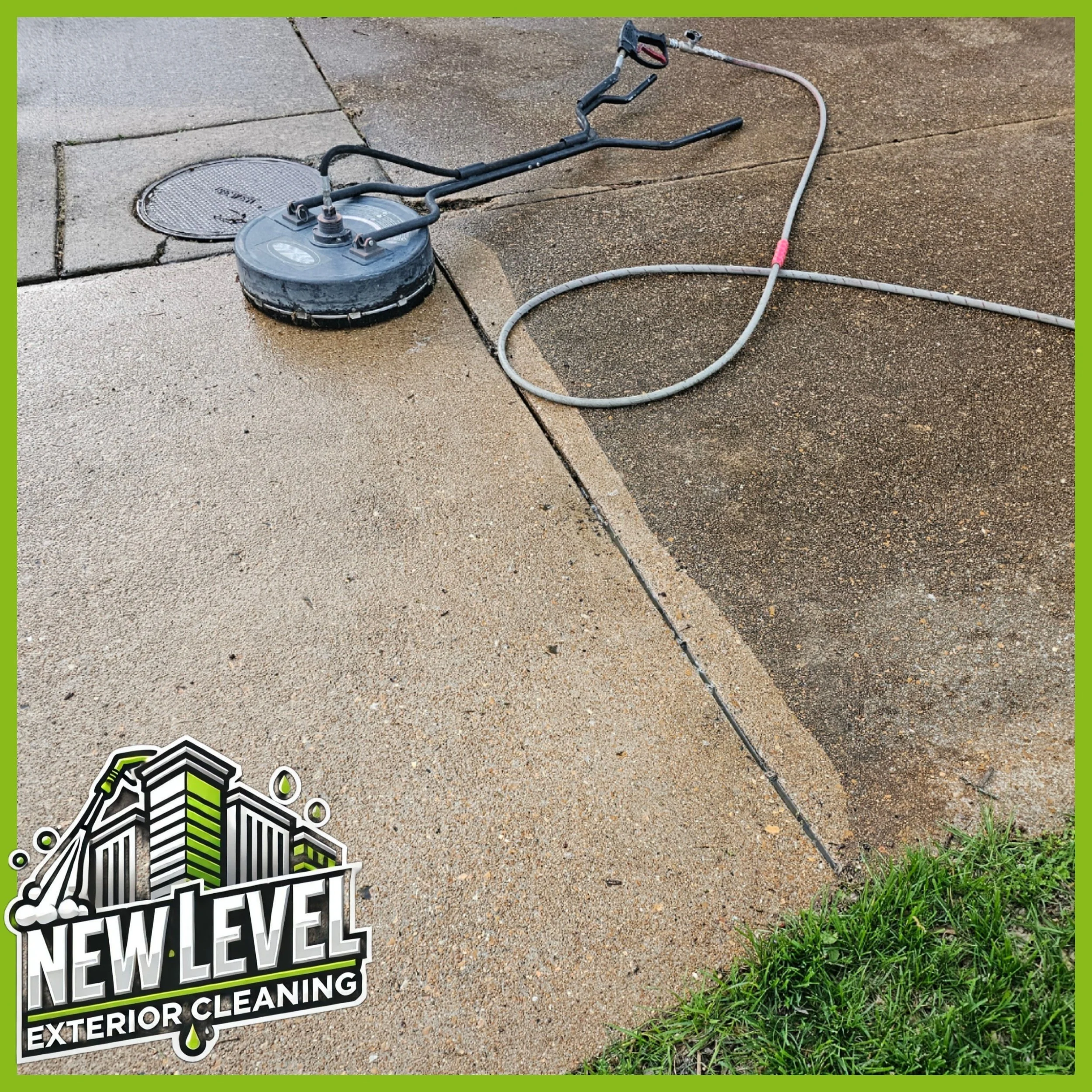 Power concrete grinder cleaning a sidewalk, with a New Level Exterior Cleaning logo in the corner.