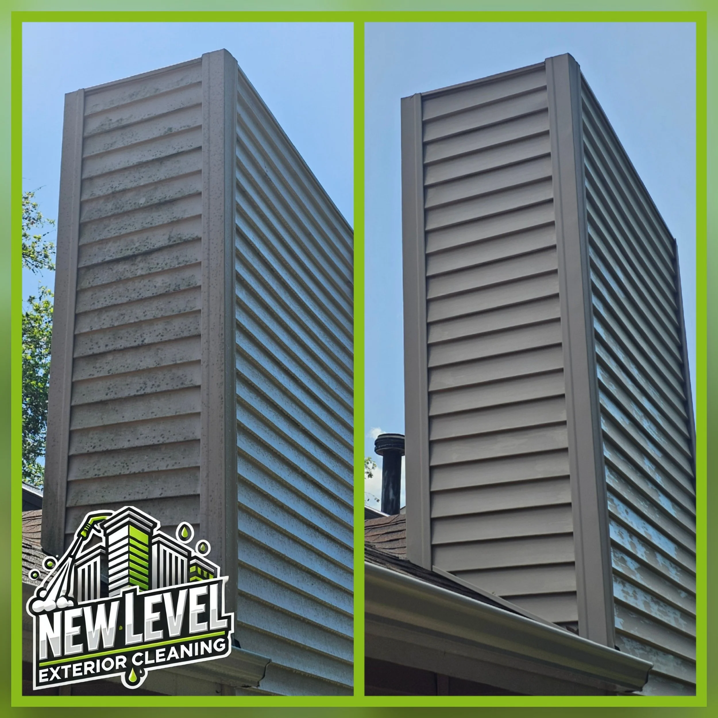 Comparison of house siding before and after exterior cleaning, showing a cleaner, lighter surface on the right
