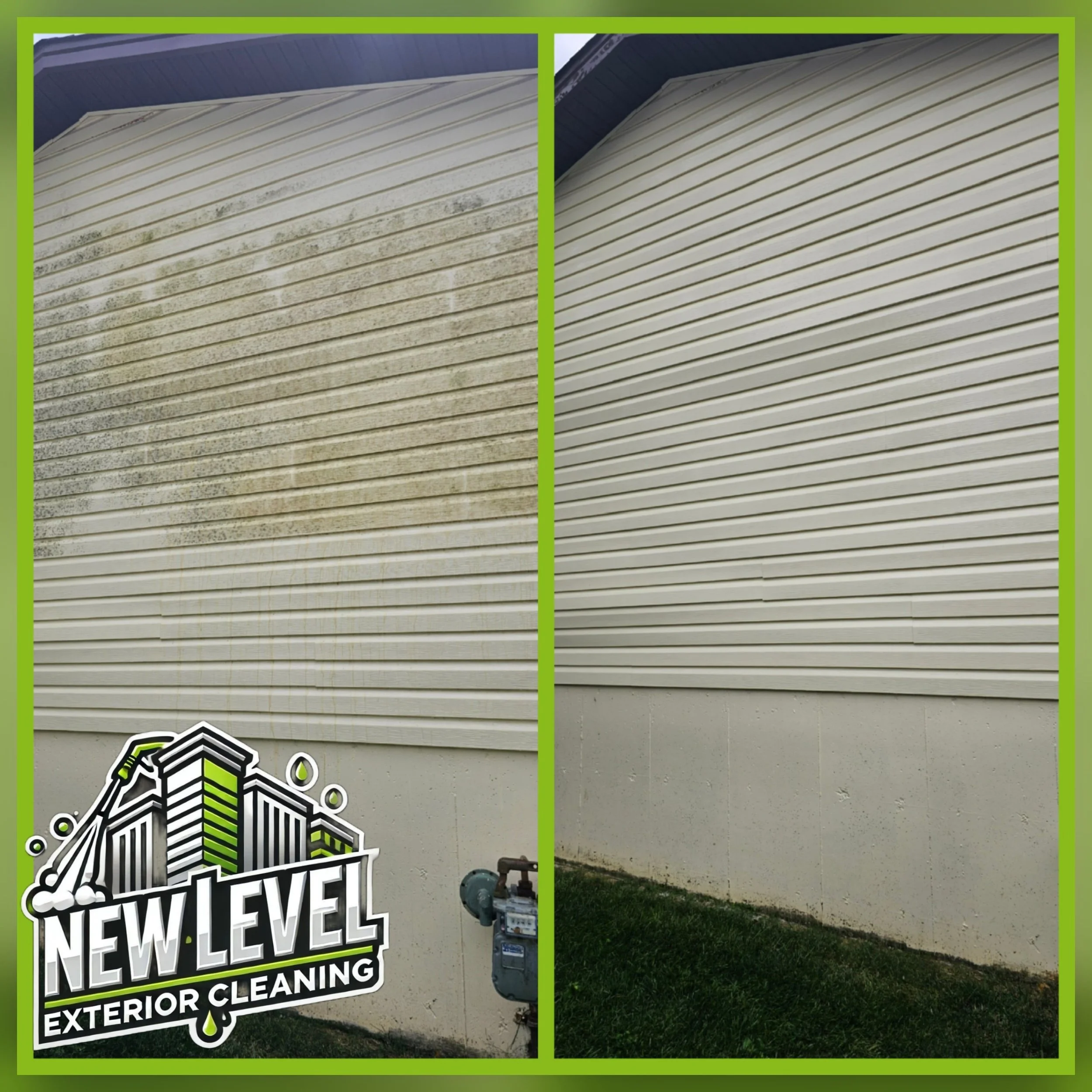 Comparison of a building exterior wall before and after cleaning, showing significantly cleaner siding in the after image, with a logo of New Level Exterior Cleaning.