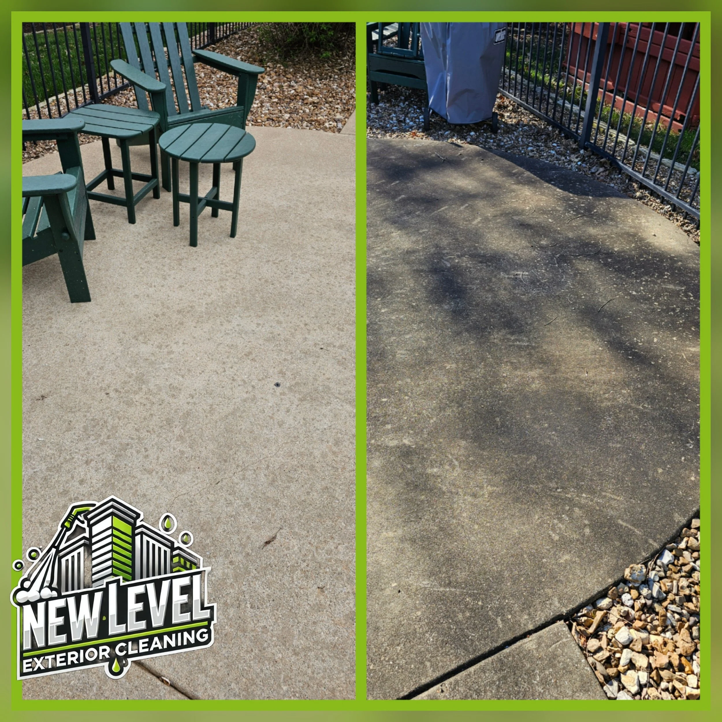 Comparison of a clean and a dirty concrete patio, showing the effectiveness of exterior cleaning by New Level Exterior Cleaning.