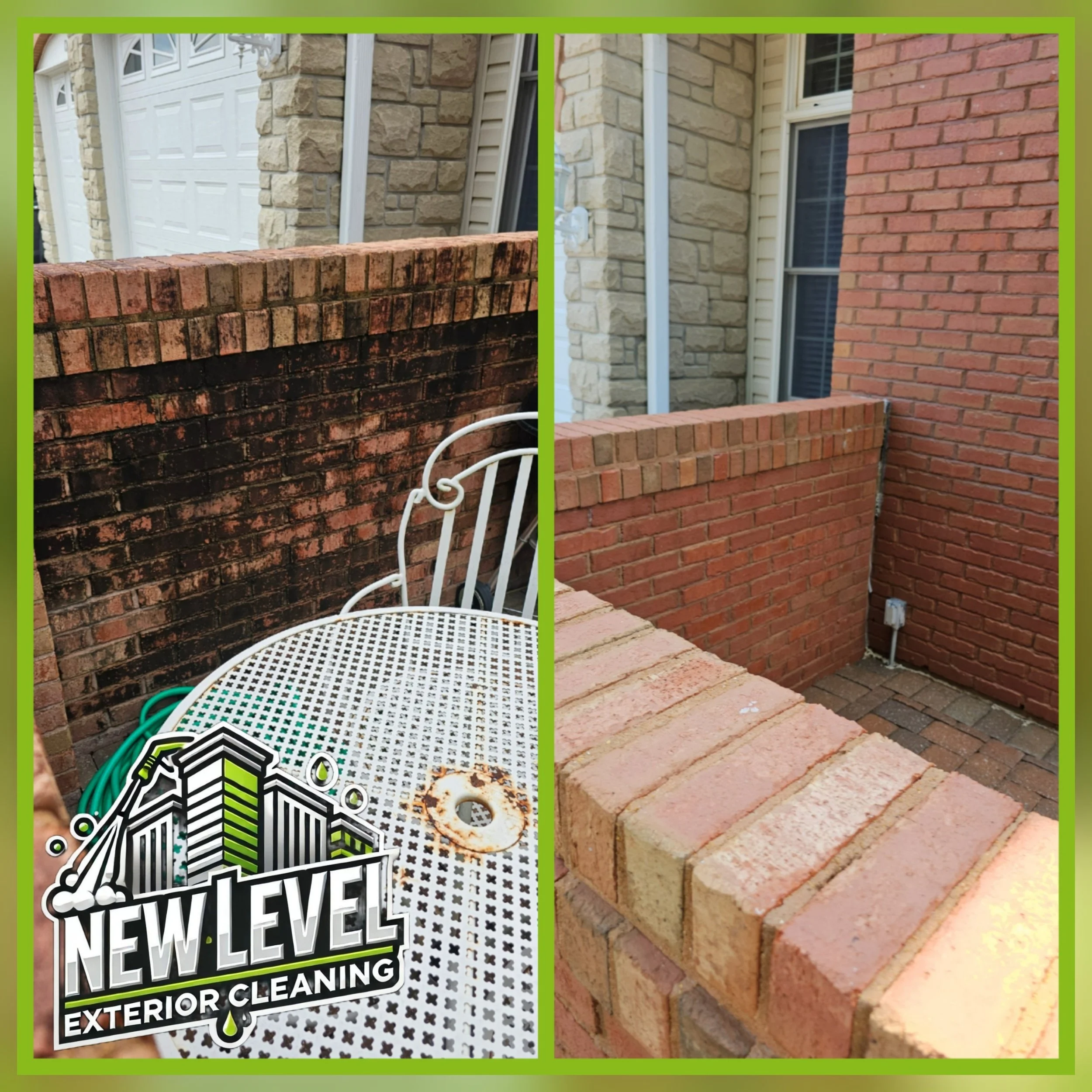 Side-by-side before and after photos of a brick wall cleaning. The left side shows a darkened, stained brick wall; the right side shows the same wall after cleaning, revealing bright, clean bricks. The photos are framed with a green border, and a log