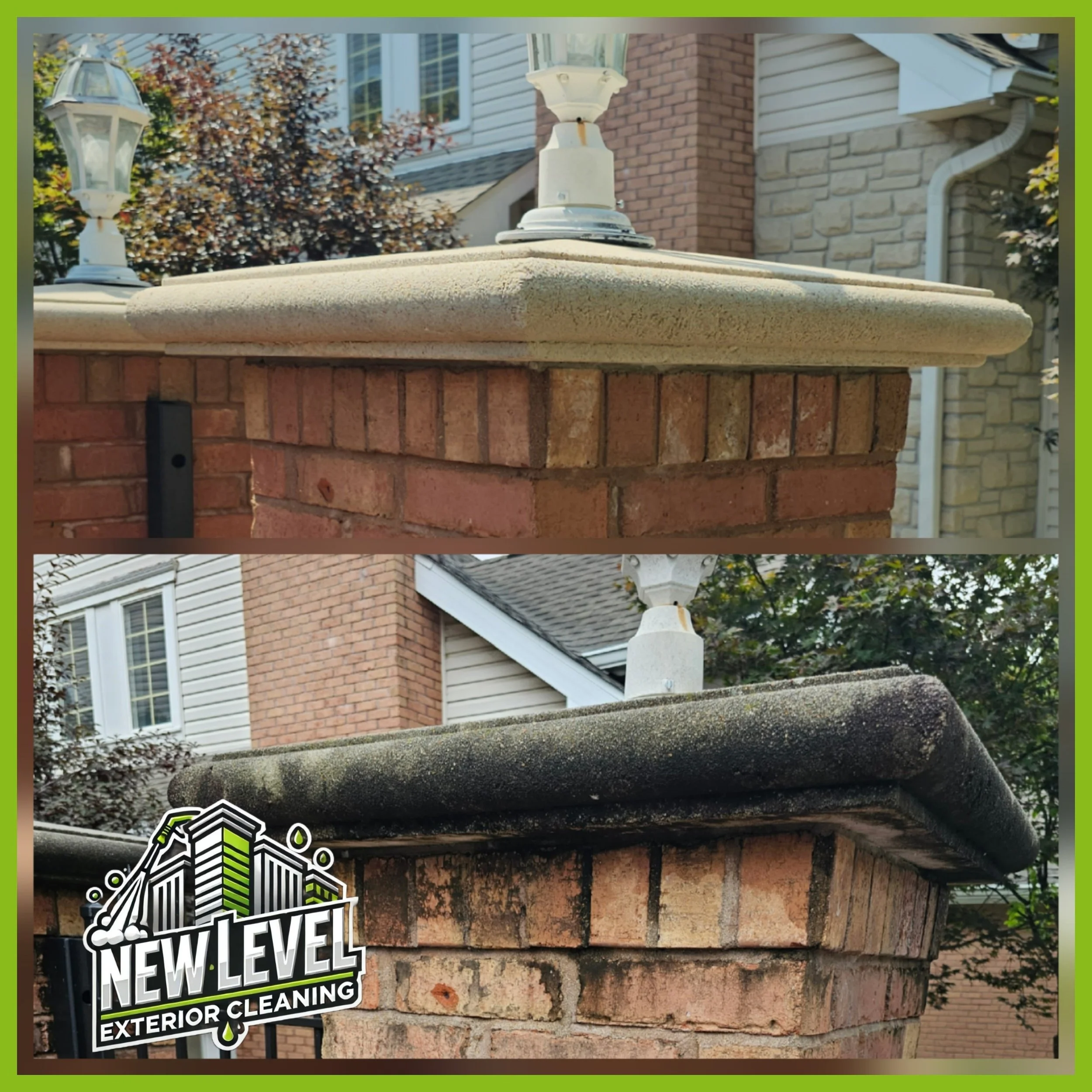Comparison of a brick mailbox before and after exterior cleaning, showing improvement in dirt and moss removal with the logo of 'New Level Exterior Cleaning' in the bottom left corner.