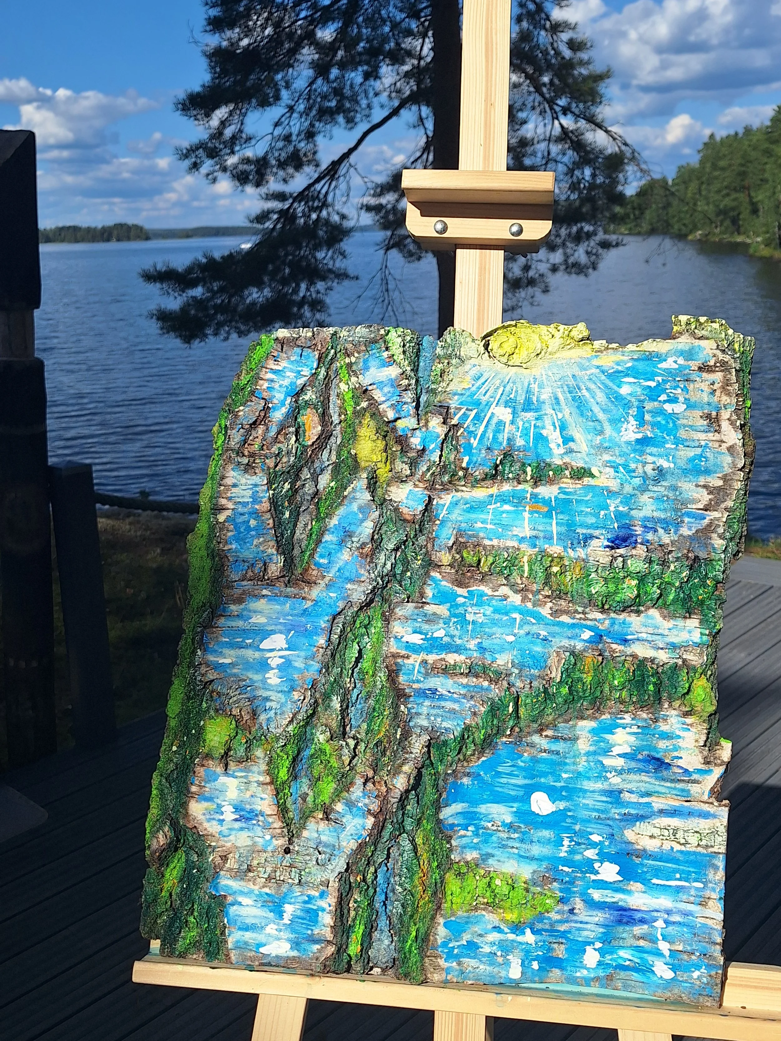 (Sold) Finnish landscape, 40cm x 30cm, acrylics on bark. 