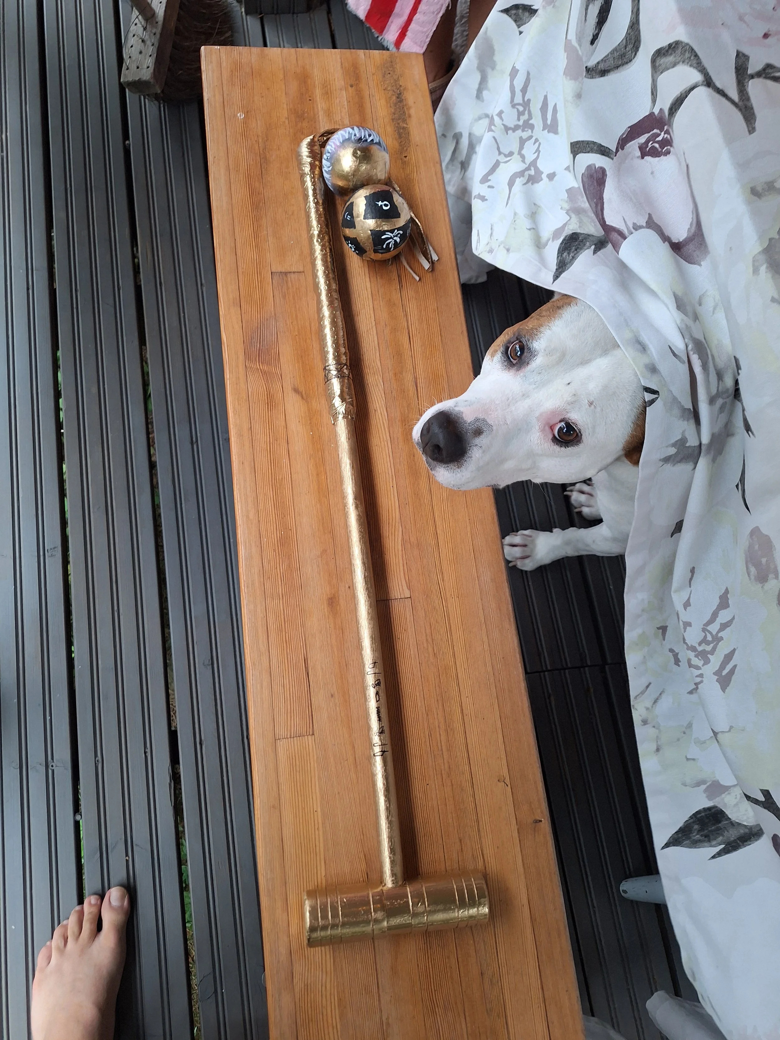 (Sold) Golden Mallet & Balls, 1m x 13cm, acrylics on croquette mallet/balls. 