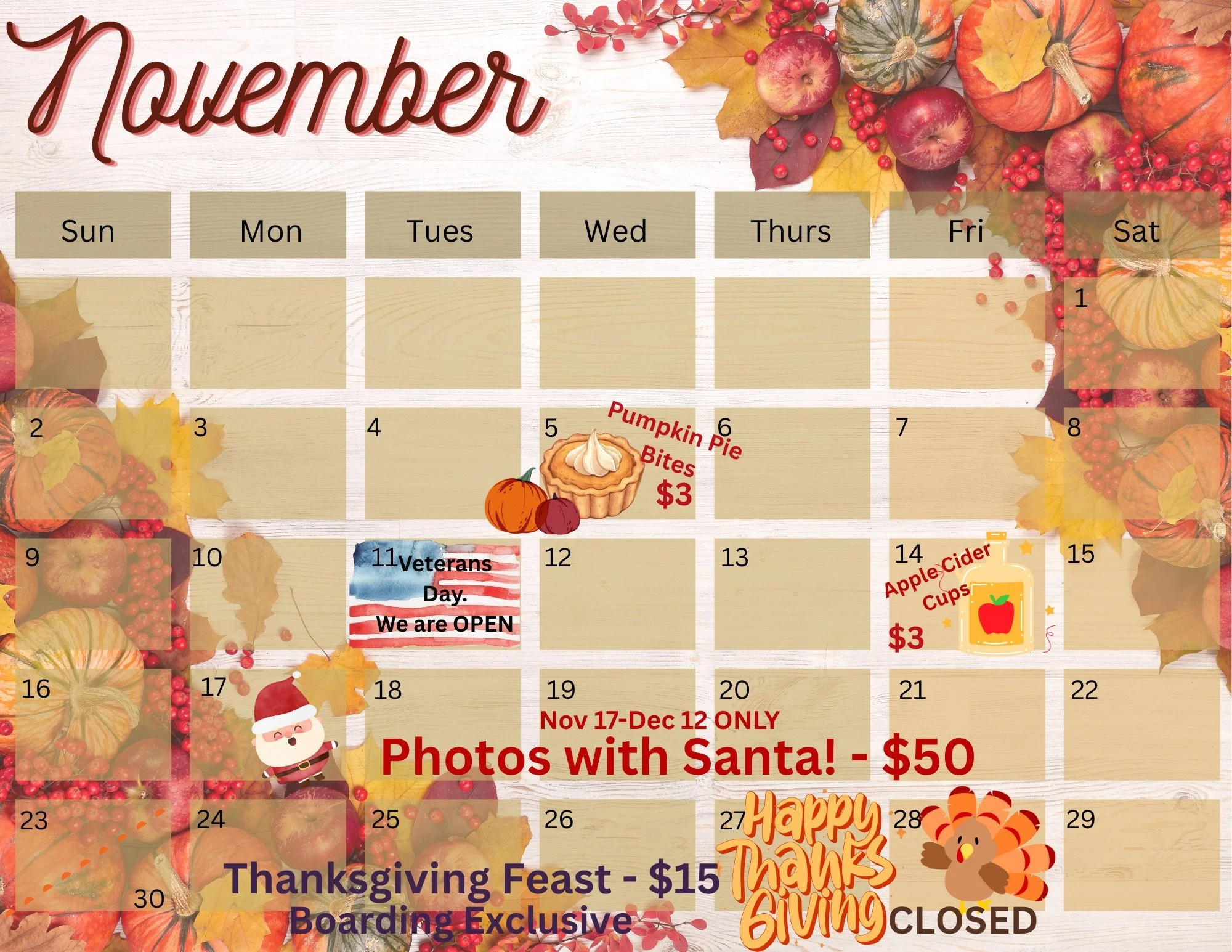 There&rsquo;s so much to be thankful for this month &mdash; cozy treats, festive fun, and Santa himself making an early stop! 🎅
🥧 Pumpkin Pie Bites &mdash; Nov 5
🍎 Apple Cider Cups &mdash; Nov 14
📸 Photos with Santa &mdash; Nov 17&ndash;Dec 12 ($