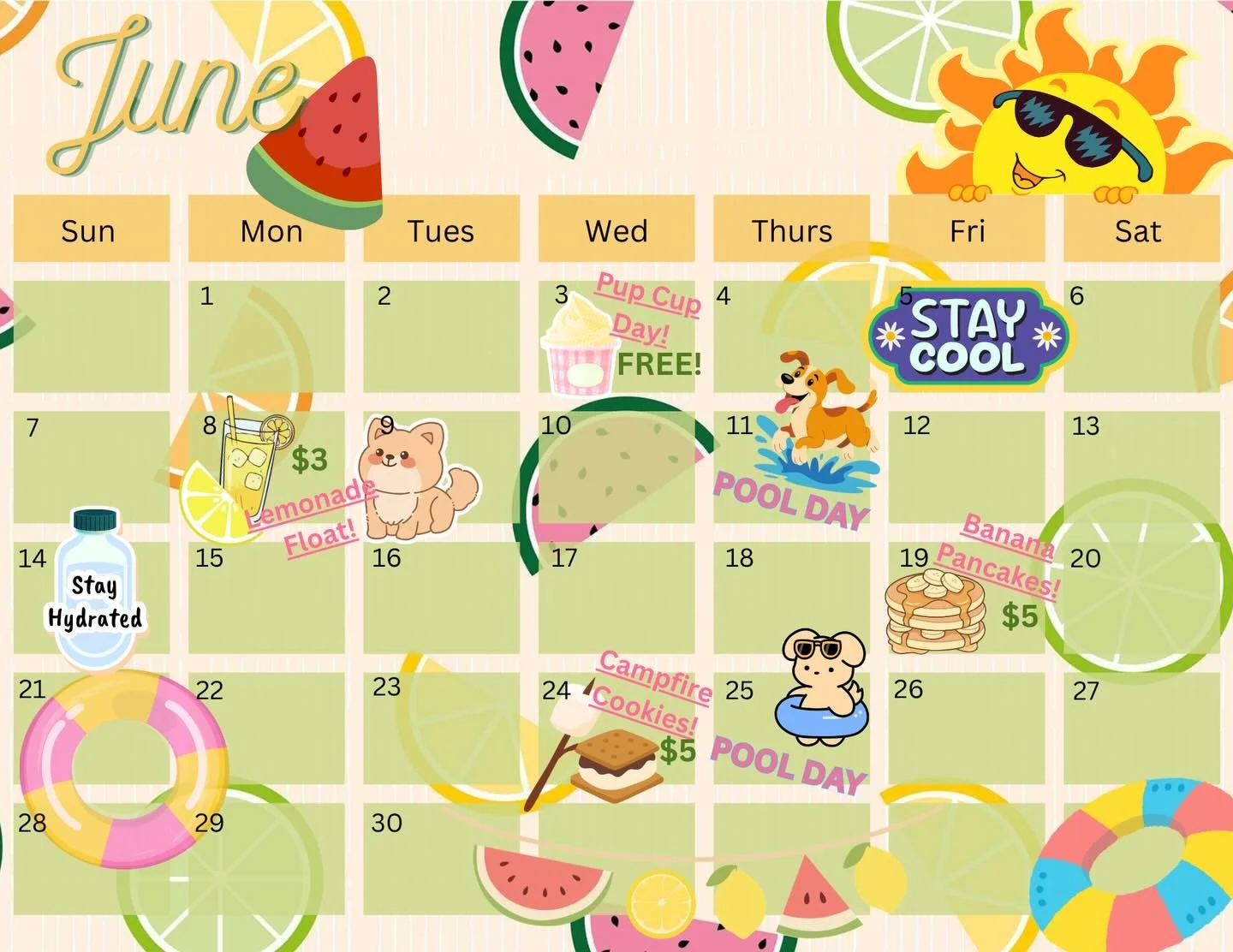 Our June Activity Calendar is here and it&rsquo;s packed with tail-wagging fun all month long!🐕

Here&rsquo;s what we&rsquo;ve got planned:
🍦 June 3rd &ndash; Pup Cup Day (FREE!)
🍋 June 8th &ndash; Lemonade Floats
💦 June 11th &amp; 25th &ndash; P