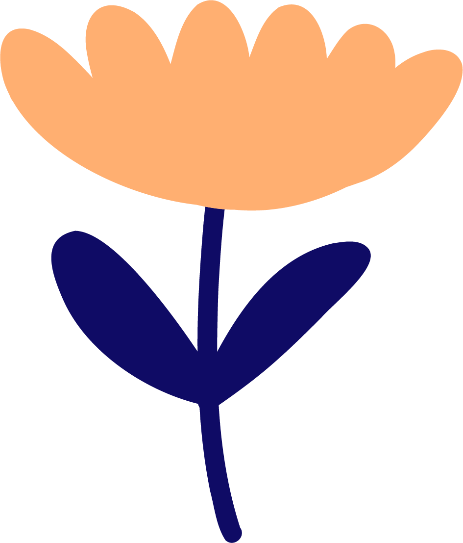 A stylized illustration of a flower with a peach-colored petals, dark blue stem, and two dark blue leaves.