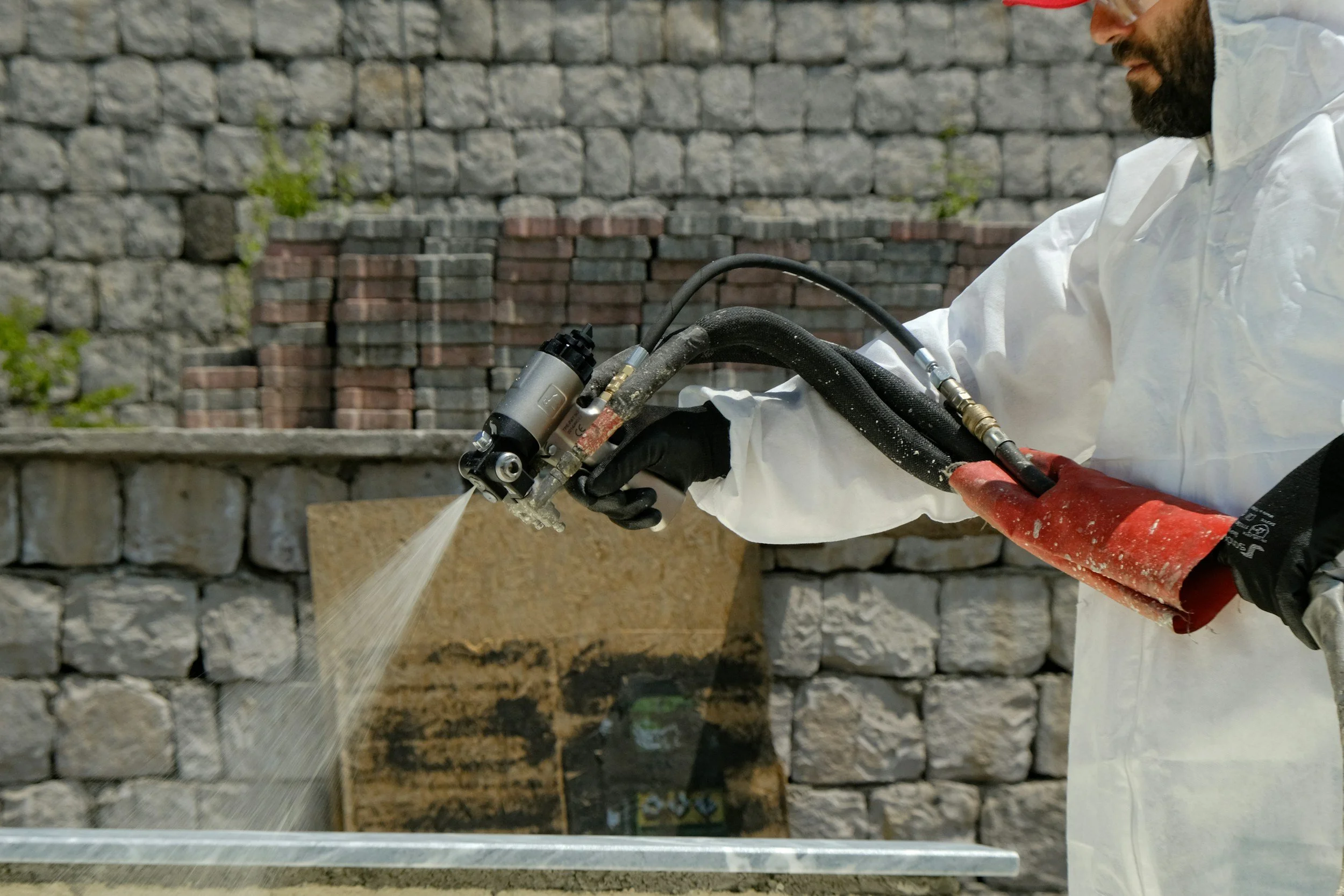 Person wearing protective gear, including gloves and a white suit, holding a spray gun used for cleaning or coating a surface outdoors with a brick wall in the background.