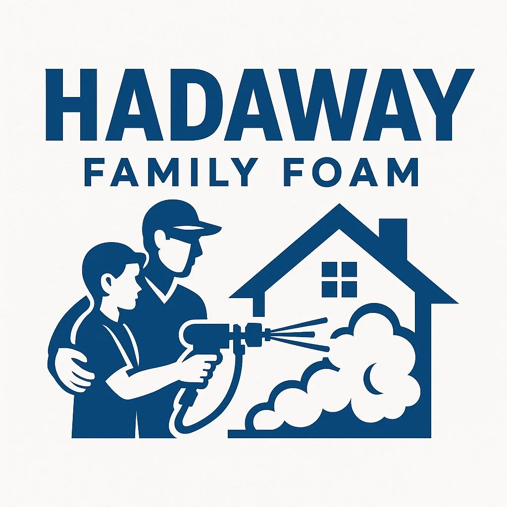 A graphic of a man and a boy, with the man instructing the boy, spraying foam on a house as part of a promotional ad for Hadaway Family Foam insulation.