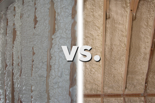 Comparison of wall insulation: spray foam insulation on left and fiberglass insulation on right.