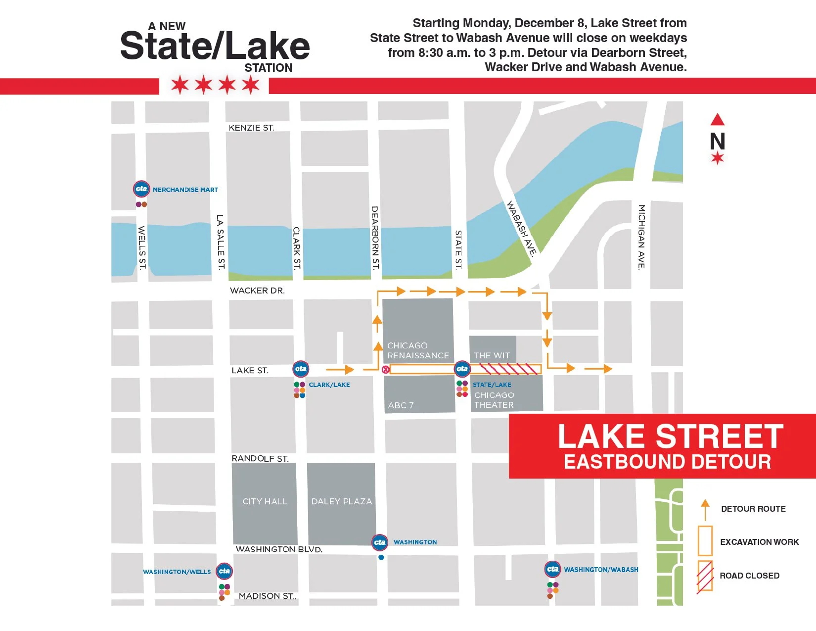 Map of the eastbound Lake Street detour for the State and Lake station project. The closure is expected to start December 8, 2025. Yellow arrows illustrate the east bound detour.