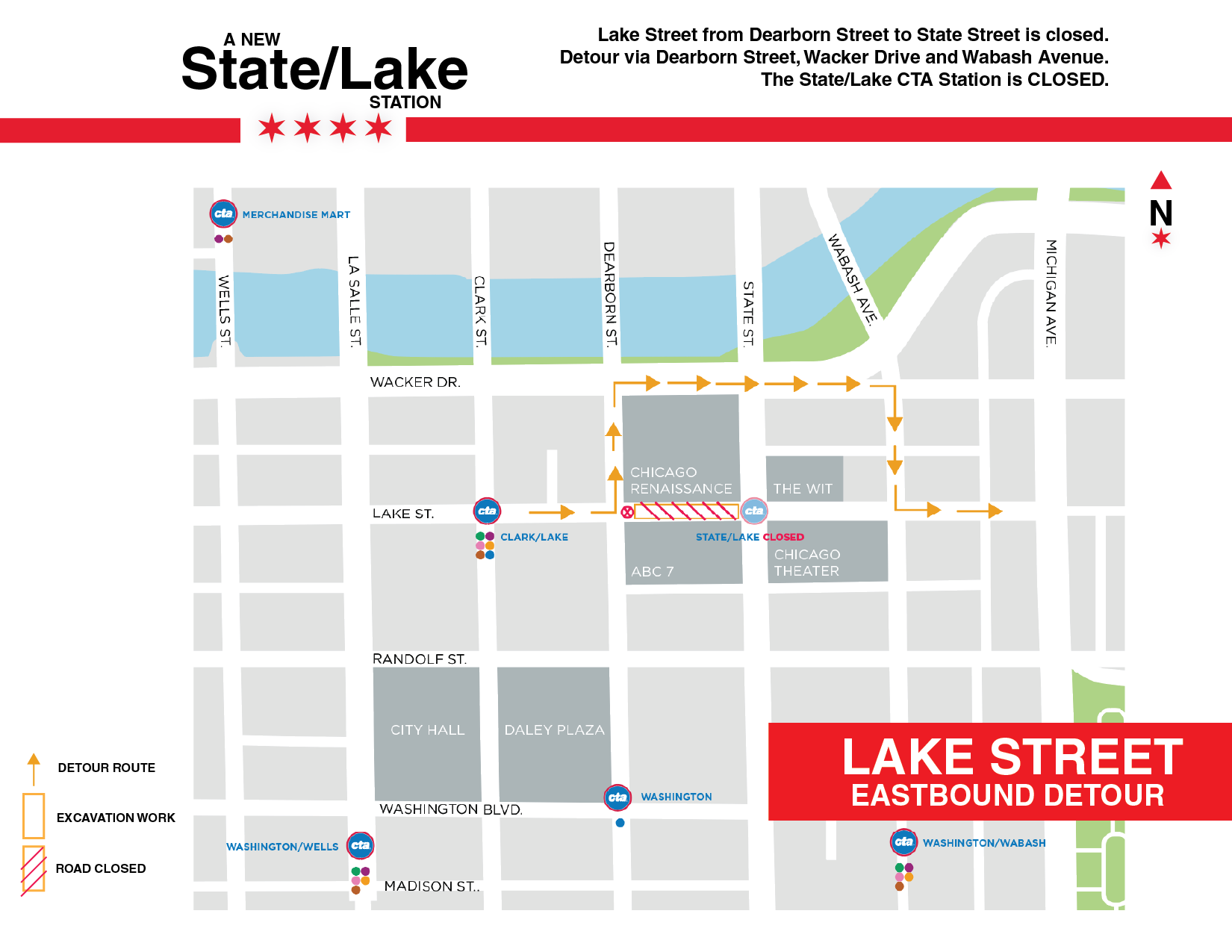 Map of traffic changes on Lake Street from Dearborn Street to State Street
