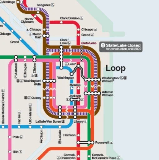 A map of the Loop transit routes showing the State/Lake Loop Elevation Station closed starting January 5, 2026. Utilize accessible stations at Washington/Wabash and Clark/Lake.