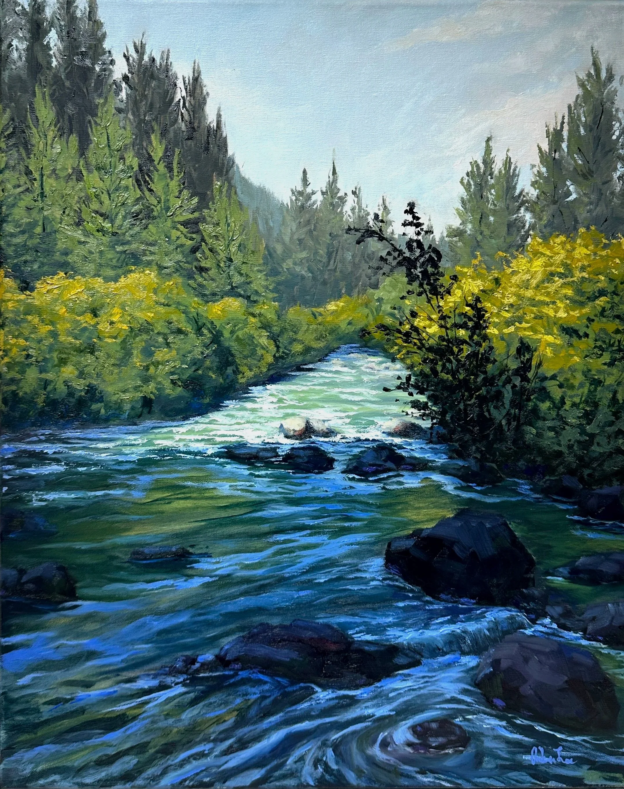 A painted landscape depicting a flowing river surrounded by lush green trees, with a background of distant mountains and a partly cloudy sky.