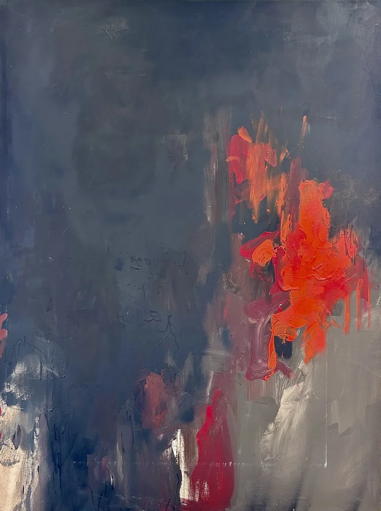 Abstract painting with a dark blue background and vibrant red and orange brushstrokes on the right side.