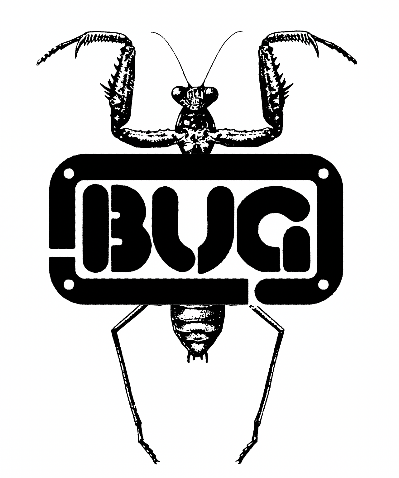 Black and white illustration of a bee with the word "BUG" in the center.