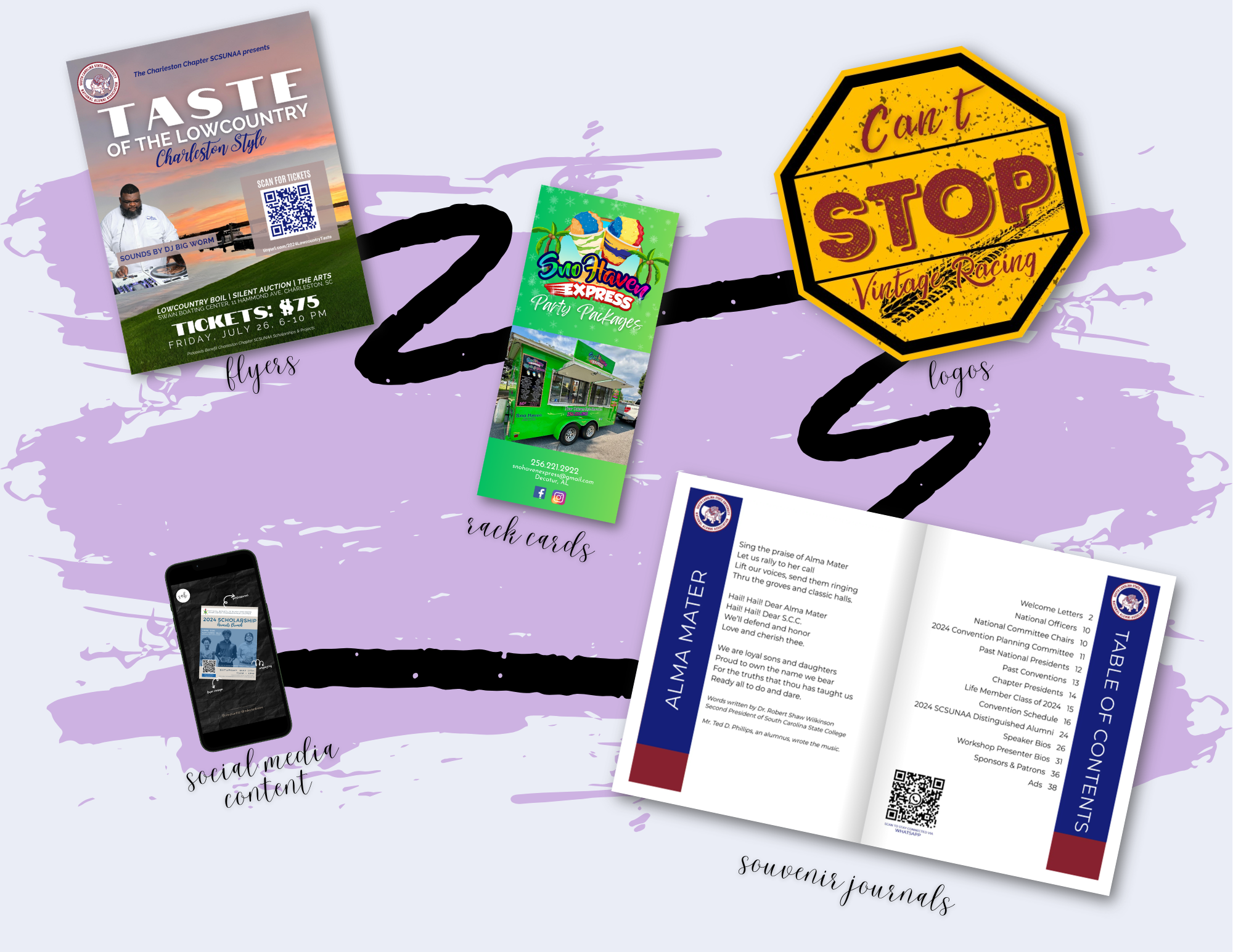 Collection of available design options including flyers, rack cards, a logo, social media content, and souvenir journals, arranged on a purple background.