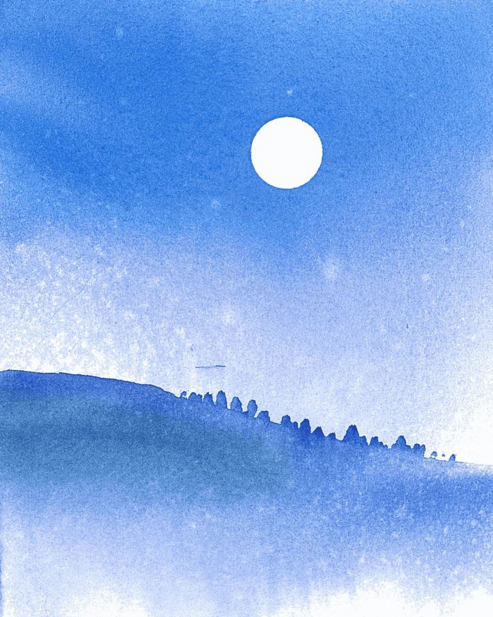 Luna piena sulla collina, acquerello di Cristina Mollica