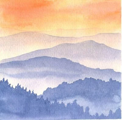 Dipinto di una catena di montagne con un cielo al tramonto